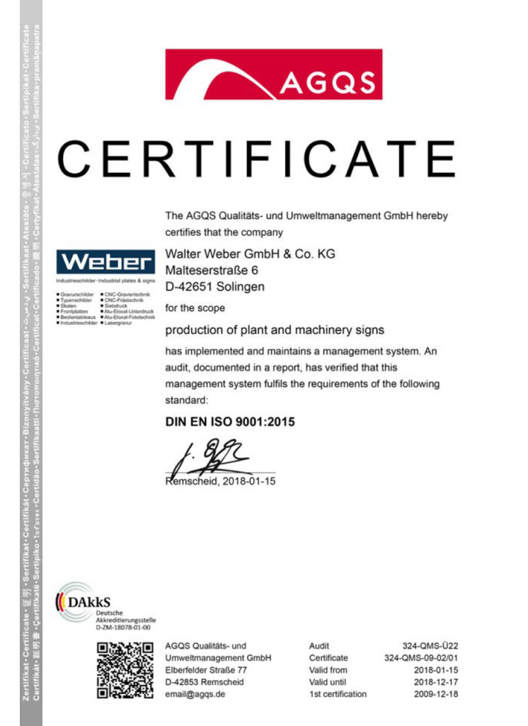 Certificate: production of plant and machinery signs Zertifizierter Automobilzulieferer nach DIN ISO 9001:2009 / DIN ISO 9001:2015