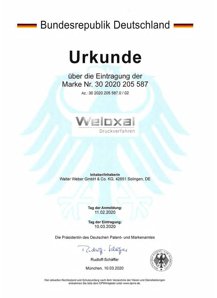 ZZertifikat: Herstellung von Maschinen- und Anlagenbeschilderungen nach dem Weloxal® Druckverfahren