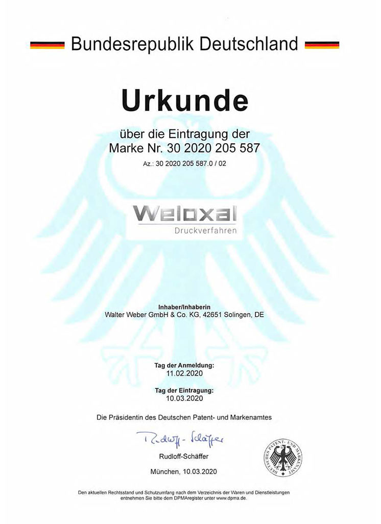Zertifikat: Herstellung von Maschinen- und Anlagenbeschilderungen nach dem Weloxal® Druckverfahren